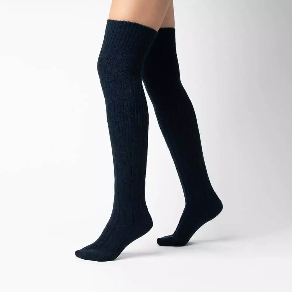 Over Knee Kraftig Uld Damestrømper Navy One Size