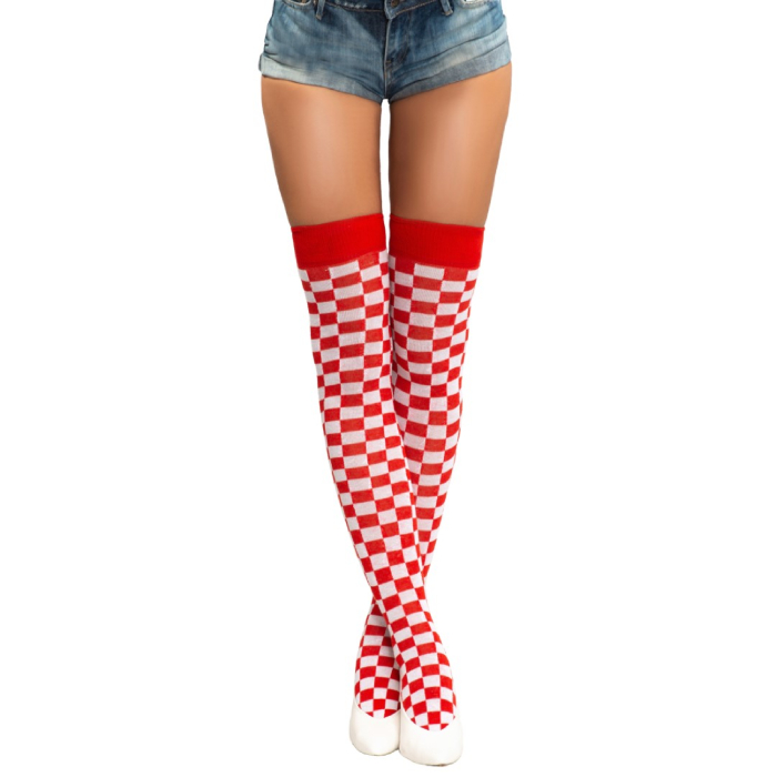 Over Knee Strømper One Size Ternet Rød Hvid