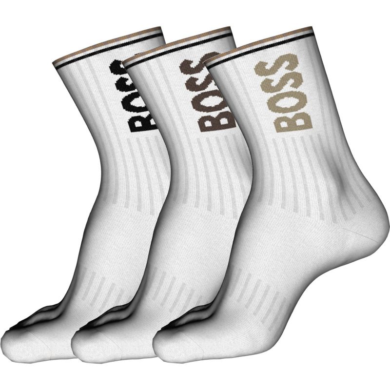 Boss Pak Rib Logo Korte Strømper Hvid Med Sort Beige Logo Til Herre